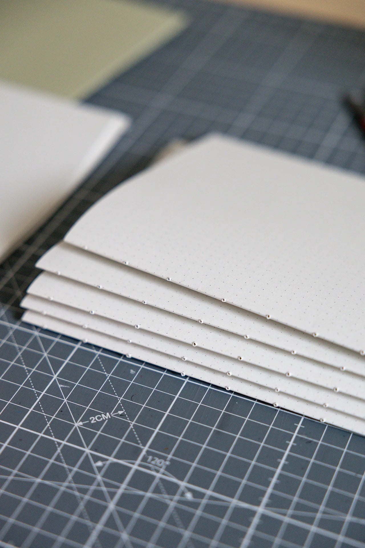 Fascicoli in carta riciclata di qualità con stampa dotted pronti per essere rilegati a mano.