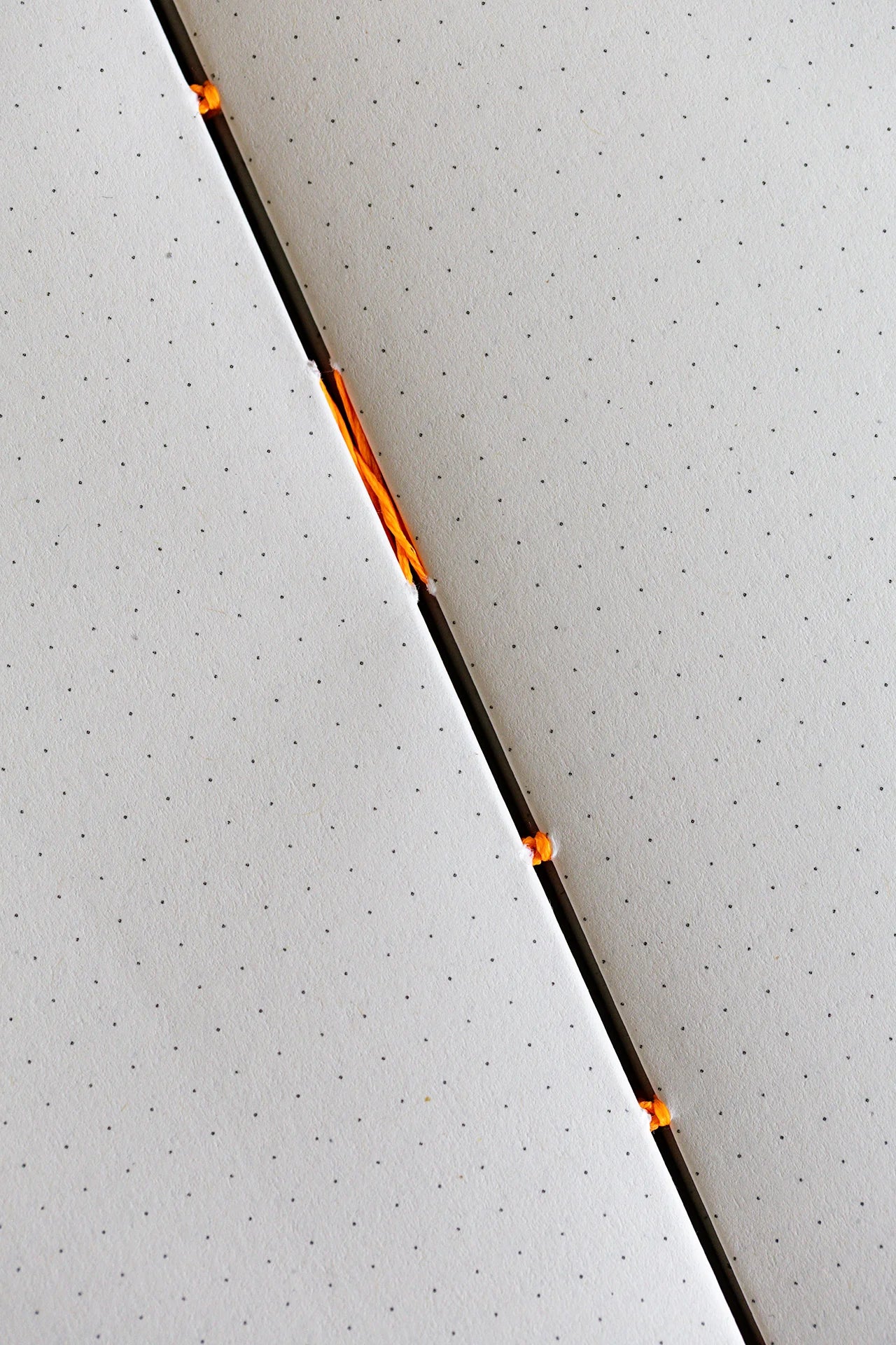 Dettaglio apertura totale del taccuino artigianale Saimai con carta riciclata con stampa dotted puntinata per disegni e scrittura libera.